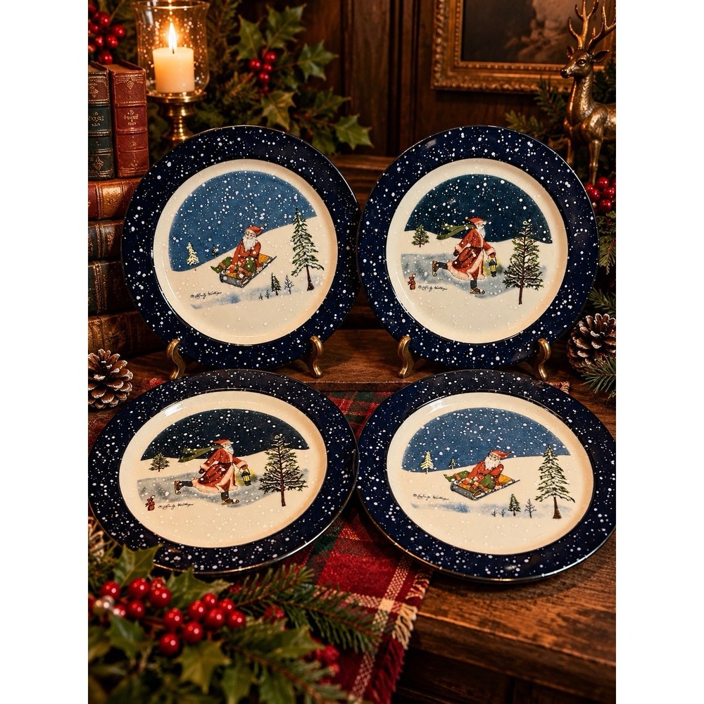 Otagiri Japan Emily Hollinger Christmas Santa Plates Set of 4 Snowy Winter 8”